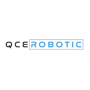 Czarne litery logo Qce i niebieskie litery Robotic w obrysie kwadratu