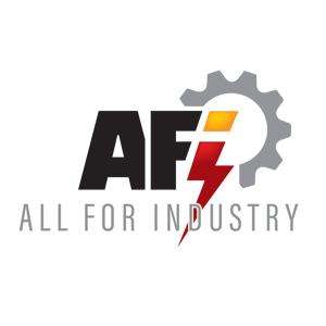 Logo All for industry czarne litery i znak błyskawicy z trybikiem maszyny